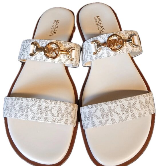 SOLD Michael Kors Wm Sz 8 SlipOn Flat Sandal Ivory Tan Logo Leather Gold Logo - Picture 5 of 14